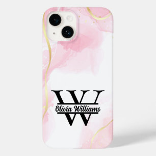 Pink Marble Monogram   Girly Modern Gold Glitter Case-Mate iPhone 14 Case
