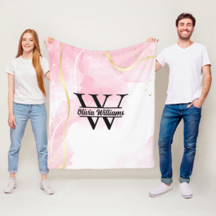 Pink Marble Monogram   Girly Modern Gold Glitter Fleece Blanket