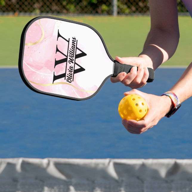 Pink Marble Monogram | Girly Modern Gold Glitter Pickleball Paddle (Insitu)