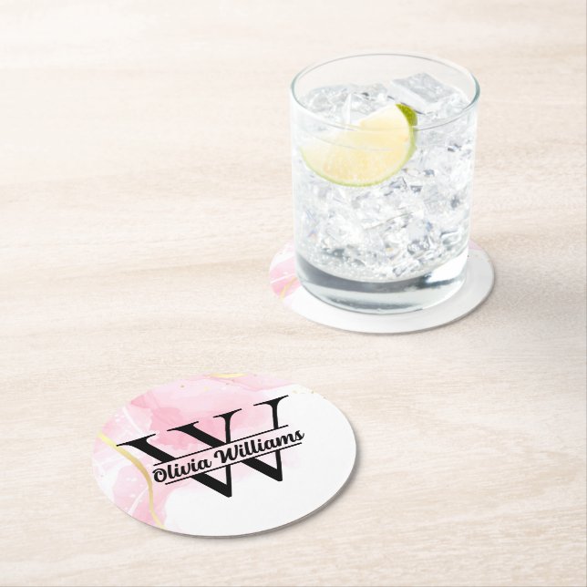 Pink Marble Monogram | Girly Modern Gold Glitter Round Paper Coaster (Insitu)