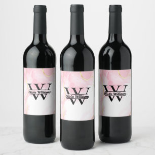 Pink Marble Monogram   Girly Modern Gold Glitter Wine Label