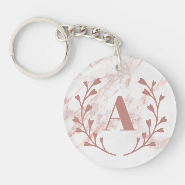 Pink Marble Monogram Initial & Name Custom Girls  Key Ring (Front)