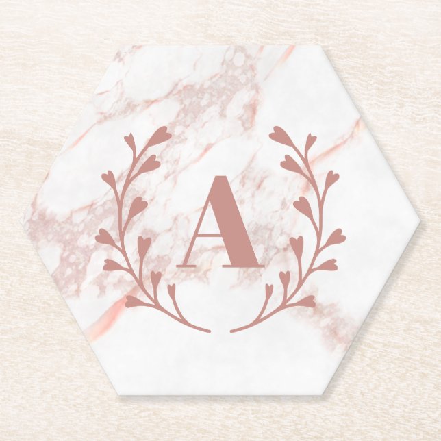 Pink Marble Monogram Initial & Name Custom Girls  Paper Coaster (Front)