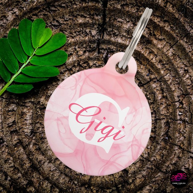 Pink Marble Monogram Name Pet Tag (She has ID. She also has absolutely no curfew. 🐾😂)