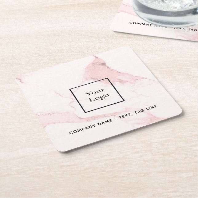 Pink marble name business logo elegant modern square paper coaster (Angled)