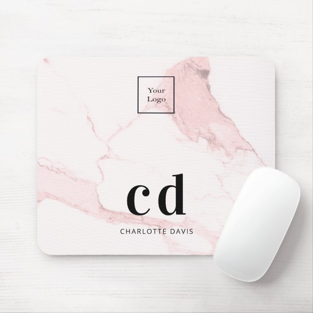 Pink marble name initials business logo mouse mat (With Mouse)