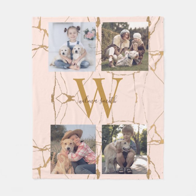 Pink Marble Personalised Photo Collage Monogram Fleece Blanket (Front)