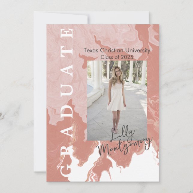 Pink Marble Photo Graduation Announcement Card  (Front)