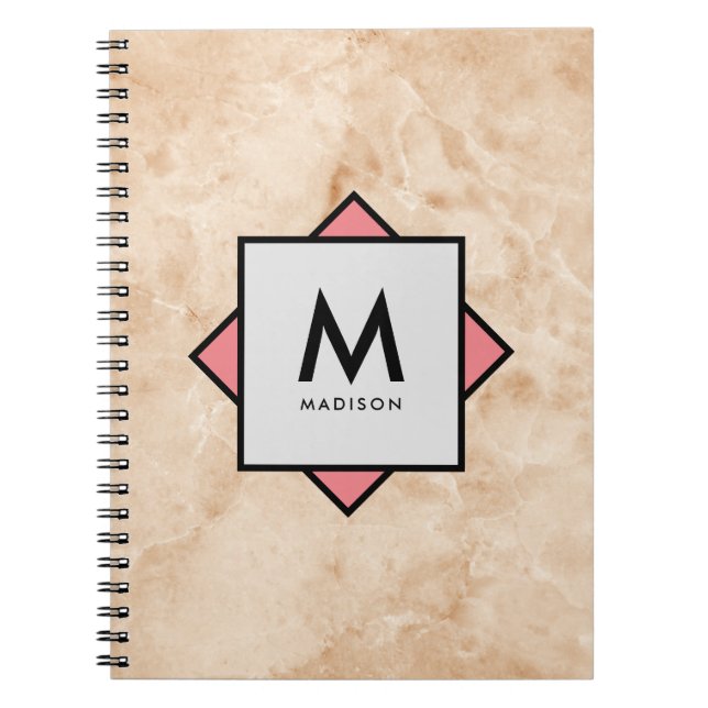 Pink Marble Rock Texture with Name and Monogram on Notebook (Front)
