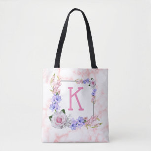 Pink Marble Rose Bouquet Monogram Tote Bag