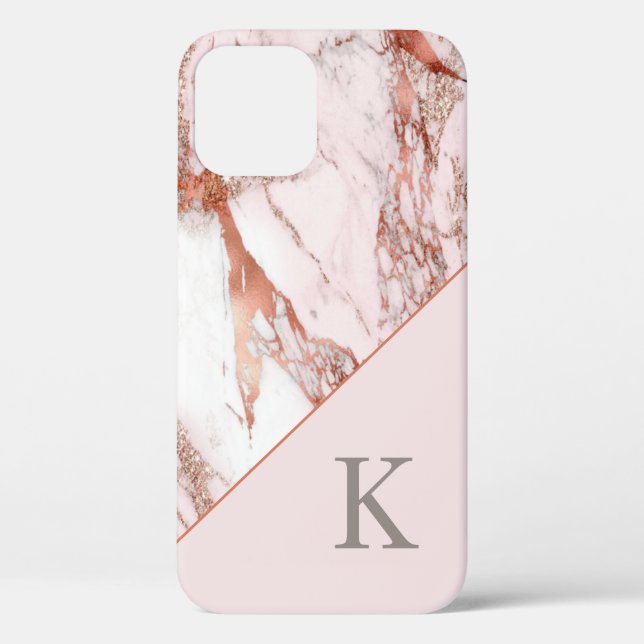 Pink Marble Rose Gold Monogram Name Case-Mate iPhone Case (Back)