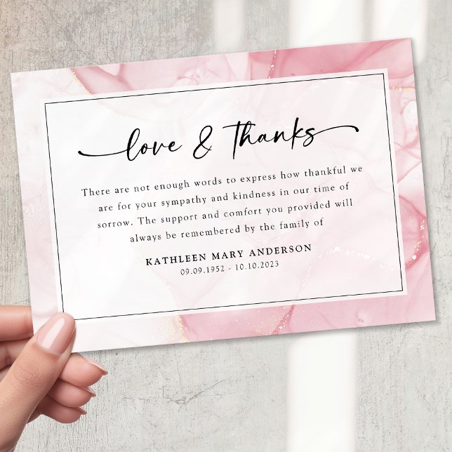 Pink Marble Script Sympathy Funeral Thank You Card (Creator Uploaded)
