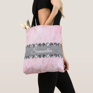 Pink Marble Silver Diamond Bling Personalised Tote Bag