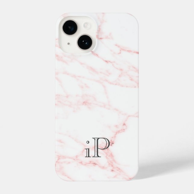 Pink marble stone custom monogram iPhone 14 Case (Back)