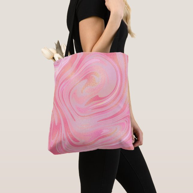 Pink Marble Swirl & Gold Glitter Pattern  Tote Bag (Close Up)