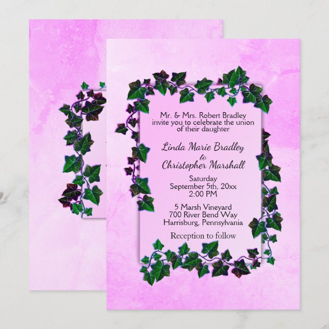 Pink Marble Vines Wedding Invitation (Front/Back)