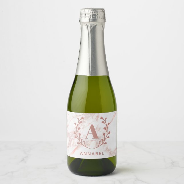 Pink Marble Wreath Bridal Shower Monogram Mini Sparkling Wine Label (Front)