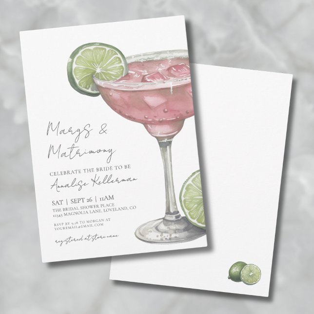 Pink Margarita Margs & Matrimony Bridal Shower Invitation (Elegant Pink Margarita Bridal Shower Invitation)