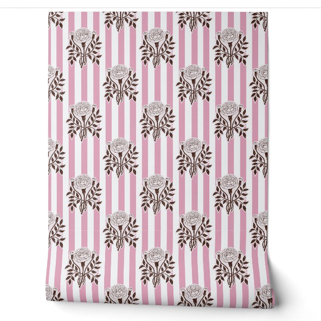 Pink Marigold flowers stripe pattern Wallpaper (Unrolling)