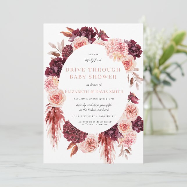 Pink Maroon Floral Boho Drive By Girl Baby Shower Invitation (Standing Front)