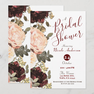Pink Maroon Floral Greenery Leaves Bridal Shower  Invitation