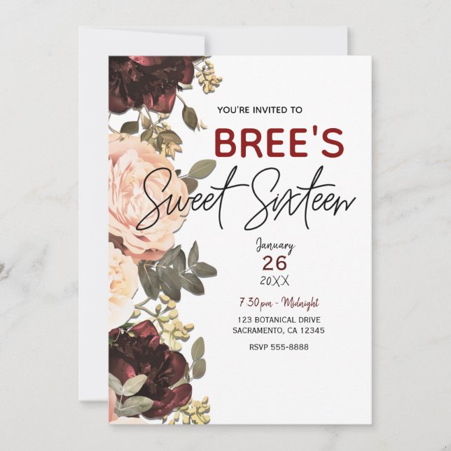 Pink & Maroon Floral Greenery Leaves Sweet 16 Invitation (Front)