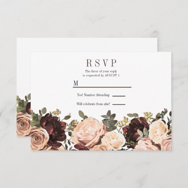Pink & Maroon Floral Greenery Leaves Wedding RSVP Invitation (Front/Back)