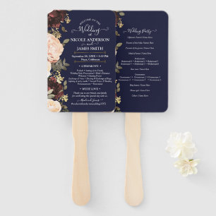 Pink Maroon Floral Greenery Navy Blue Wedding  Hand Fan