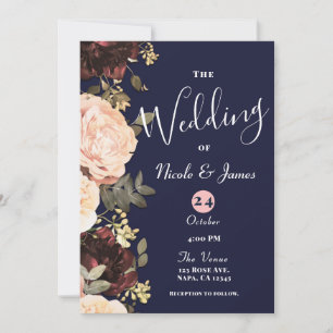 Pink & Maroon Floral Greenery Navy Blue Wedding   Invitation