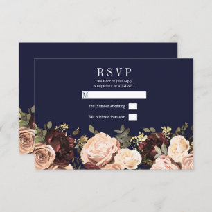 Pink Maroon Floral Greenery Navy Blue Wedding RSVP Invitation