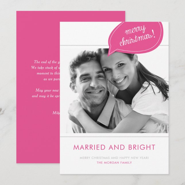 Pink Married and Bright Wedding Christmas Photo Holiday Card (Front/Back)