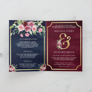 Pink Marsala Floral Ampersand Navy QR Code Wedding Invitation