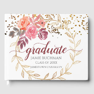 Pink Marsala Floral Gold Glitter Graduation Guest Book