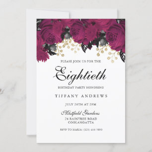 Pink Marsala Flowers 80th Birthday Party Invite