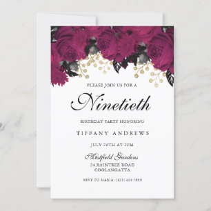 Pink Marsala Flowers 90th Birthday Party Invite