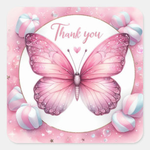 Pink Marshmallow Candy Butterfly - Thank you - Square Sticker
