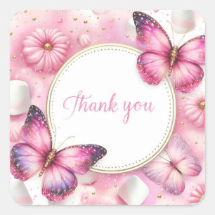 Pink Marshmallow Candy Butterfly - Thank you - Square Sticker