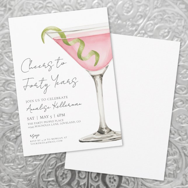 Pink Martini 40th Birthday Party Invitation (Cheers To Forty 40th Birthday Party Invitation )