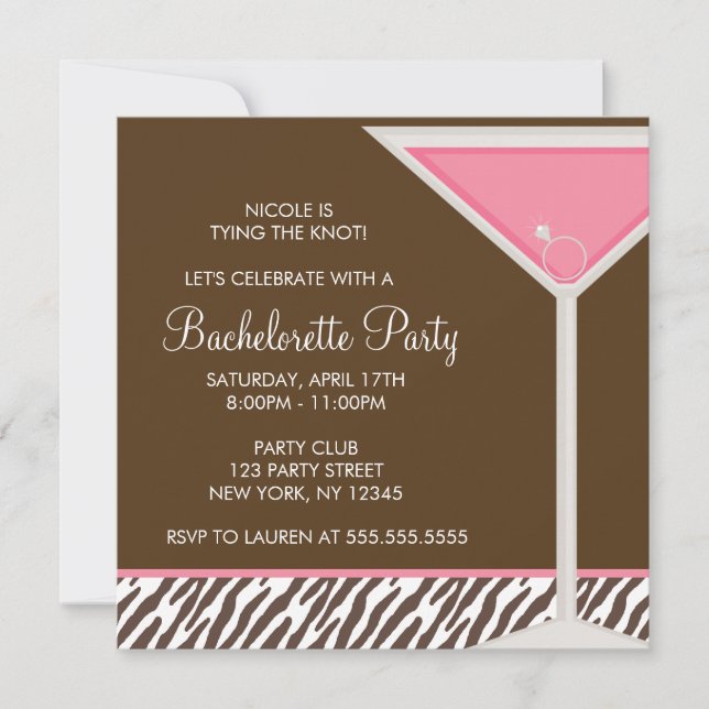 Pink Martini and Brown Zebra Pattern Invitation (Front)