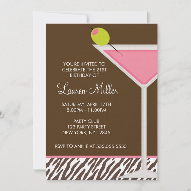 Pink Martini and Zebra Pattern Invitation (Front)
