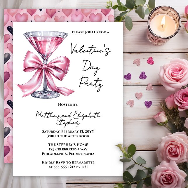 Pink Martini Coquette Bow Valantine's Day Party Invitation (Valentine’s Day Party Invitation | Pink Martini Bow Couple’s Valentine Invite -- Print | Digital)