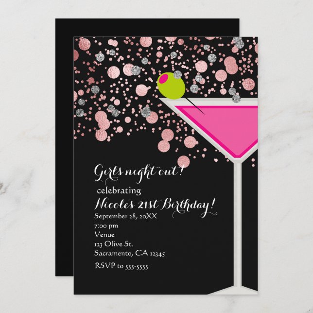 Pink Martini Drink with Olive Confetti Party Invitation (Front/Back)
