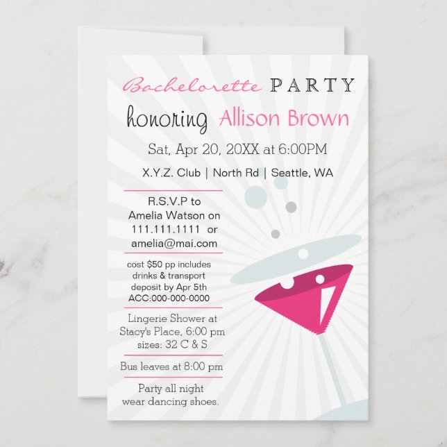 pink Martini Mod Bachelorette Party Invitation (Front)