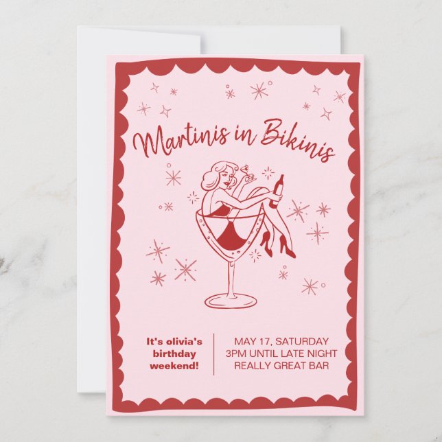 Pink Martinis in Bikinis Birthday Invitation (Front)