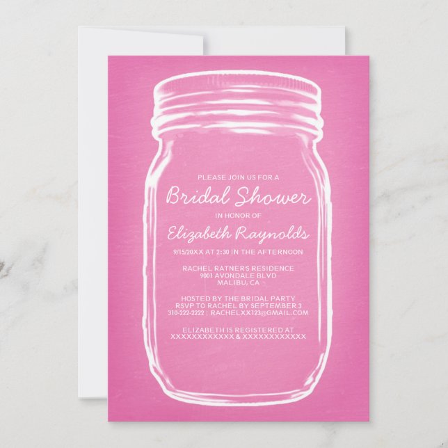 Pink Mason Jar Bridal Shower Invitations (Front)