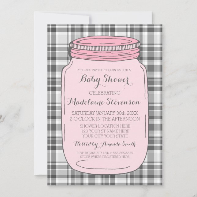 Pink Mason Jar Custom Baby Shower Invitations (Back)