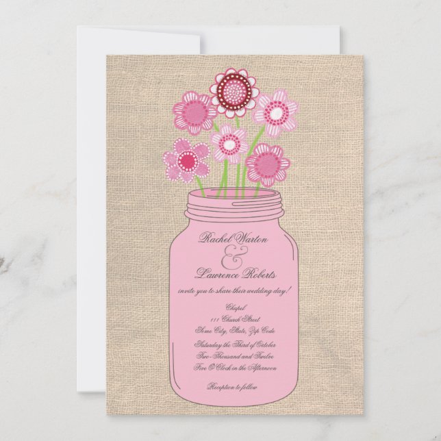 Pink Mason Jar Flowers & Burlap Wedding Invitation (Front)