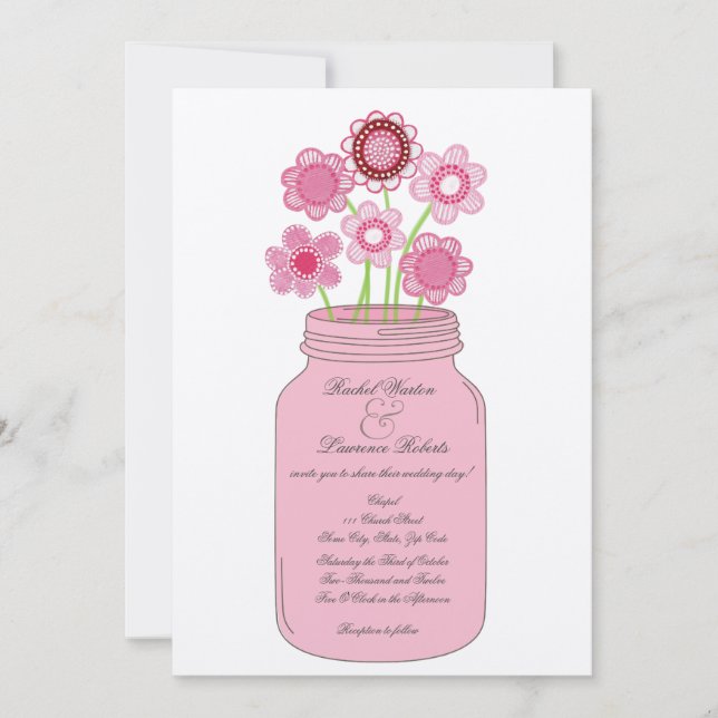 Pink Mason Jar Flowers Wedding Invitation (Front)