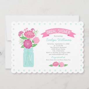 Pink Mason Jar Monogram Wedding Bridal Shower Invitation