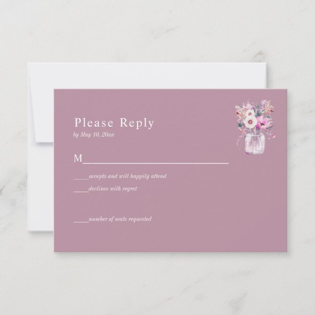 Pink Mason Jar with Flowers RSVP Card (Front)